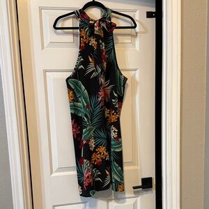 NWOT SHEIN Black Tropical Halter Dress with Green Leaf & Red Floral Print